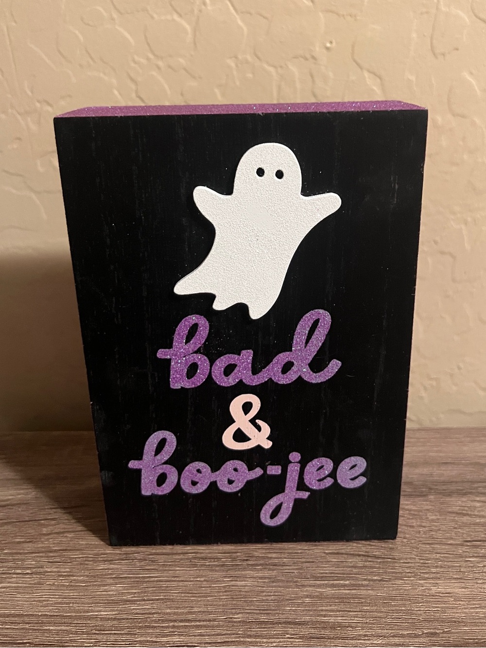 Halloween Ghost Bad and Boo-Jee Sign Wood Purple Black White Glitter NWT